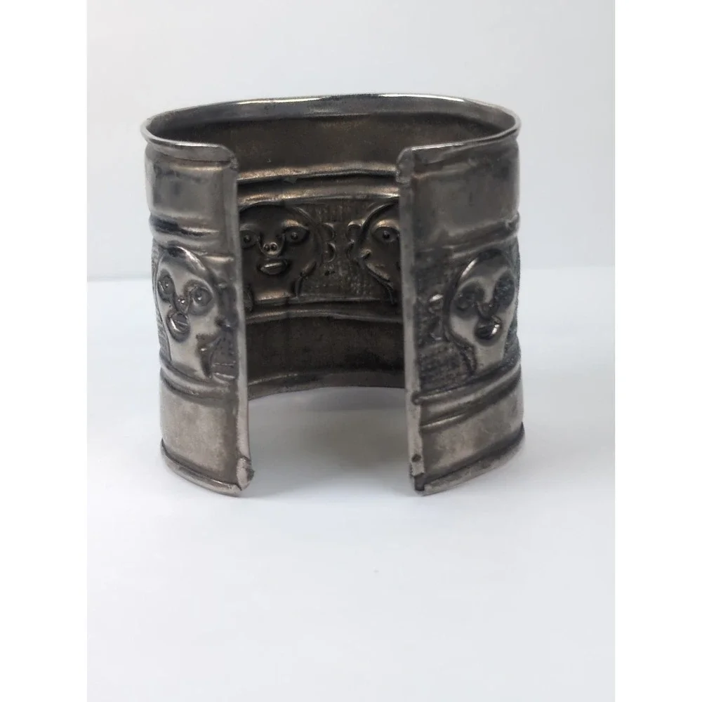 Vintage Boho Wide Cuff Bracelet Embossed  Silver Tone Ornate Carved Faces 2X2.5
